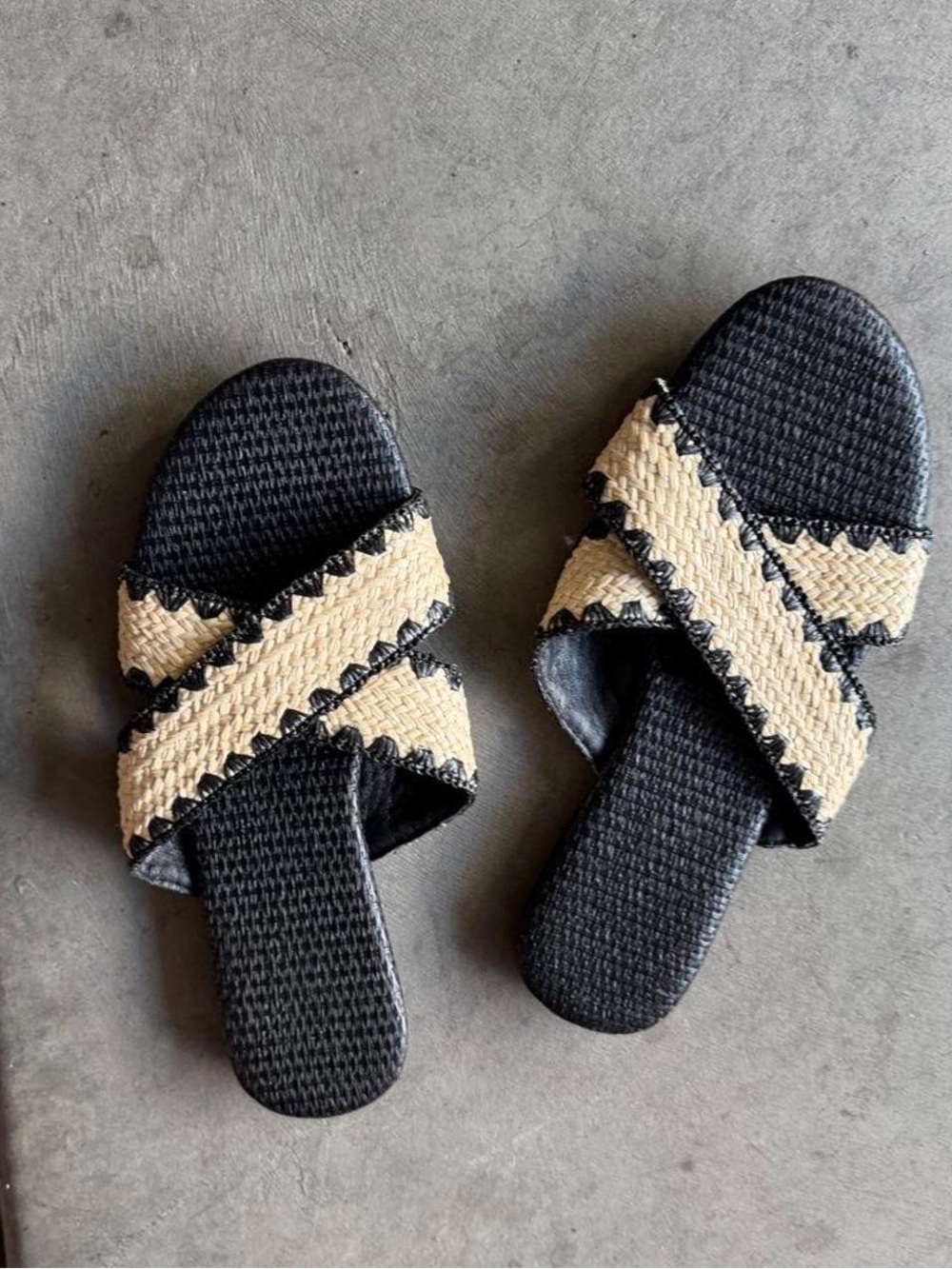 Woven Black and Natural Cross-Strap Slide Sandals